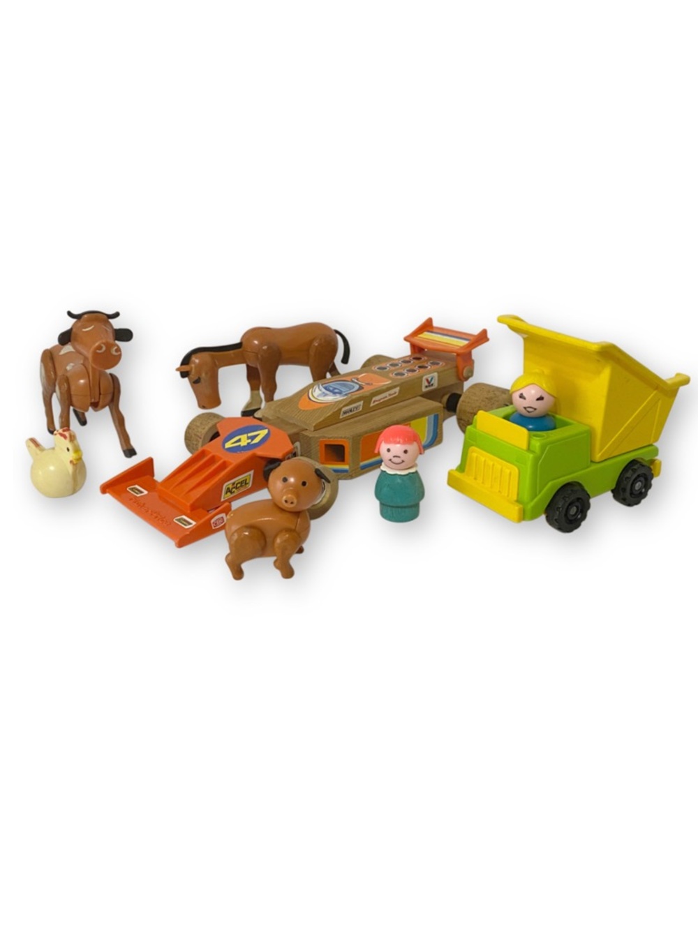 Fisher Price Vintage 8 Piece Mixed Toy Lot Little People Farm Animals Wood Car